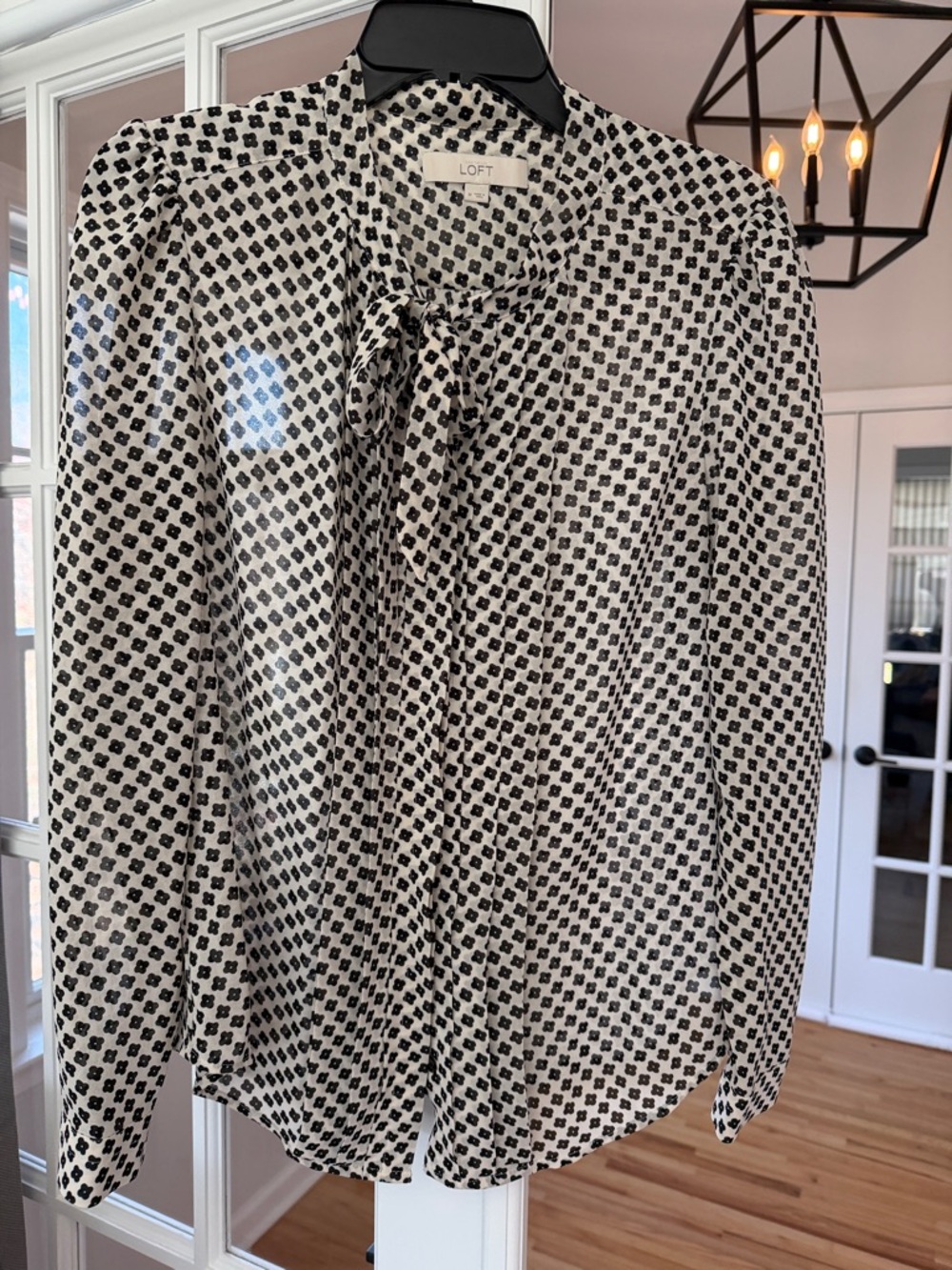 LOFT Black & white Printed Tie-Neck Blouse